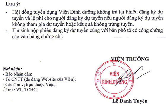 Viện Dinh Dưỡng, thành phố Hà Nội tuyển dụng viên chức năm 2020
