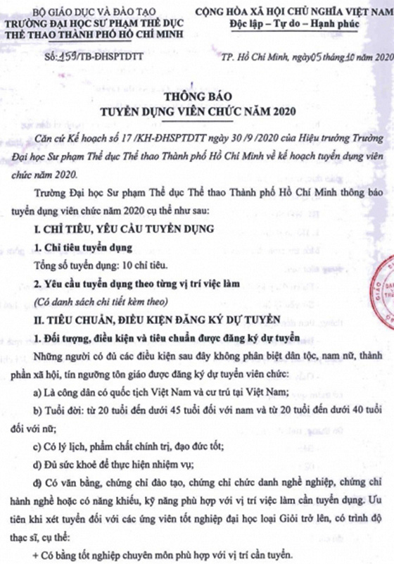 Trường Đại học Sư phạm Thể dục thể thao TP.Hồ Chí Minh tuyển dụng viên chức năm 2020