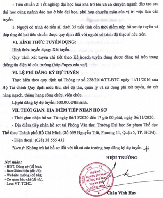 Trường Đại học Sư phạm Thể dục thể thao TP.Hồ Chí Minh tuyển dụng viên chức năm 2020