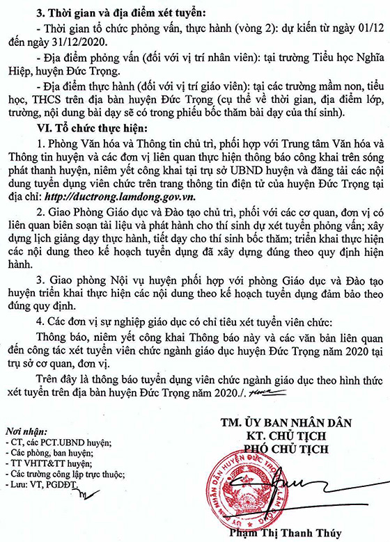 UBND huyện Đức Trọng, Lâm Đồng tuyển dụng viên chức ngành giáo dục năm 2020