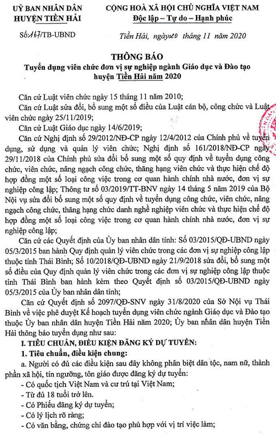 UBND huyện Tiền Hải, Thái Bình tuyển dụng viên chức giáo dục năm 2020