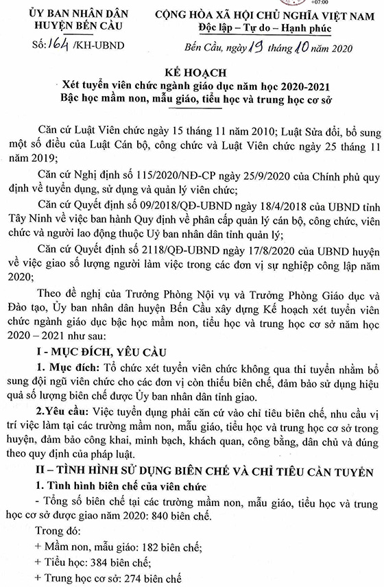 UBND huyện Bến Cầu, Tây Ninh tuyển dụng viên chức sự nghiệp giáo dục năm học 2020 - 2021