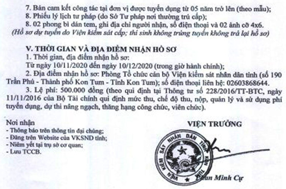 Viện Kiểm sát nhân dân huyện Ia H'Drai, Kon Tum tuyển dụng công chức năm 2020