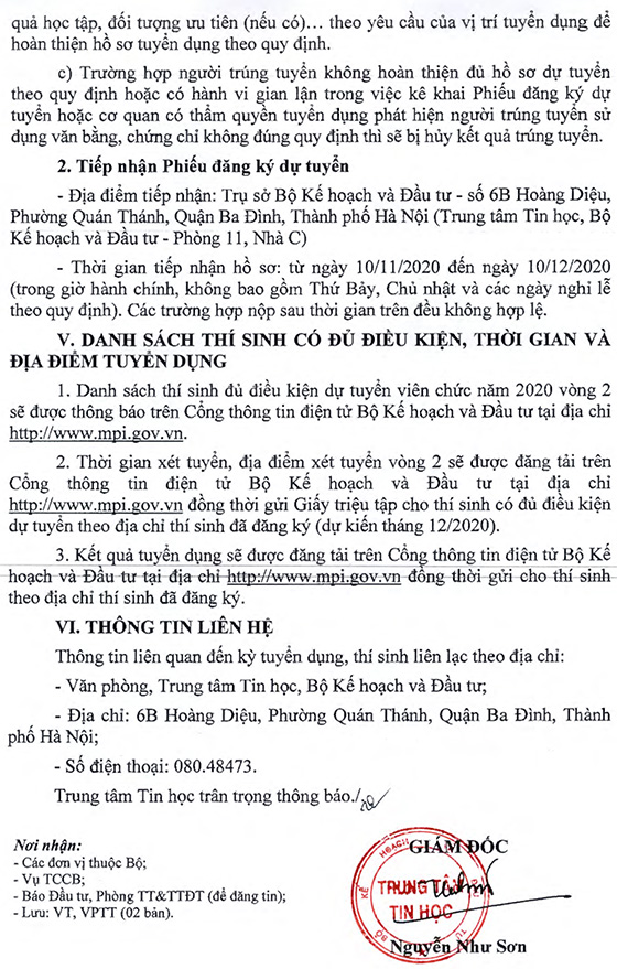 Trung tâm Tin học - Bộ Kế hoạch và Đầu tư tuyển dụng viên chức năm 2020