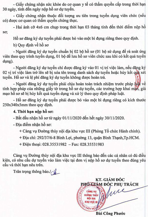 Cảng vụ Đường thủy Nội địa khu vực III tuyển dụng viên chức, người lao động năm 2020
