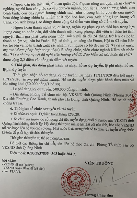 Viện Kiểm sát nhân dân tỉnh Quảng Ninh tuyển dụng công chức năm 2020