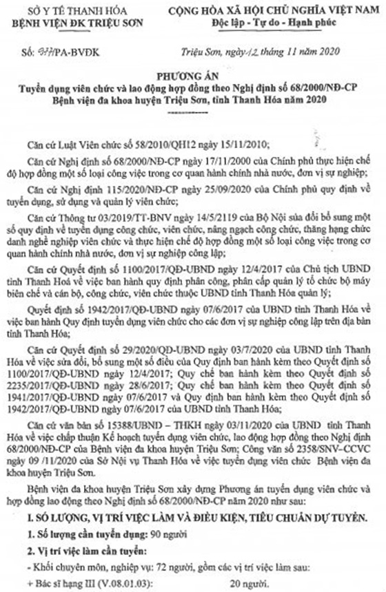 Bệnh viện đa khoa Triệu Sơn, Thanh Hóa tuyển dụng viên chức và lao động hợp đồng năm 2020