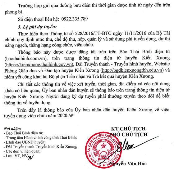 UBND huyện Kiến Xương, Thái Bình tuyển dụng viên chức năm 2020