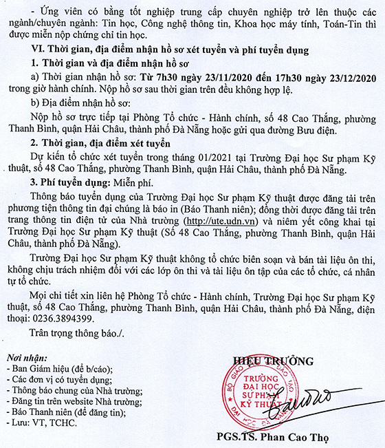 Trường Đại học Sư phạm Kỹ thuật - ĐH Đà Nẵng tuyển dụng viên chức đợt 2 năm 2020