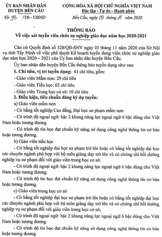 UBND huyện Bến Cầu, Tây Ninh tuyển dụng viên chức sự nghiệp giáo dục năm học 2020 - 2021