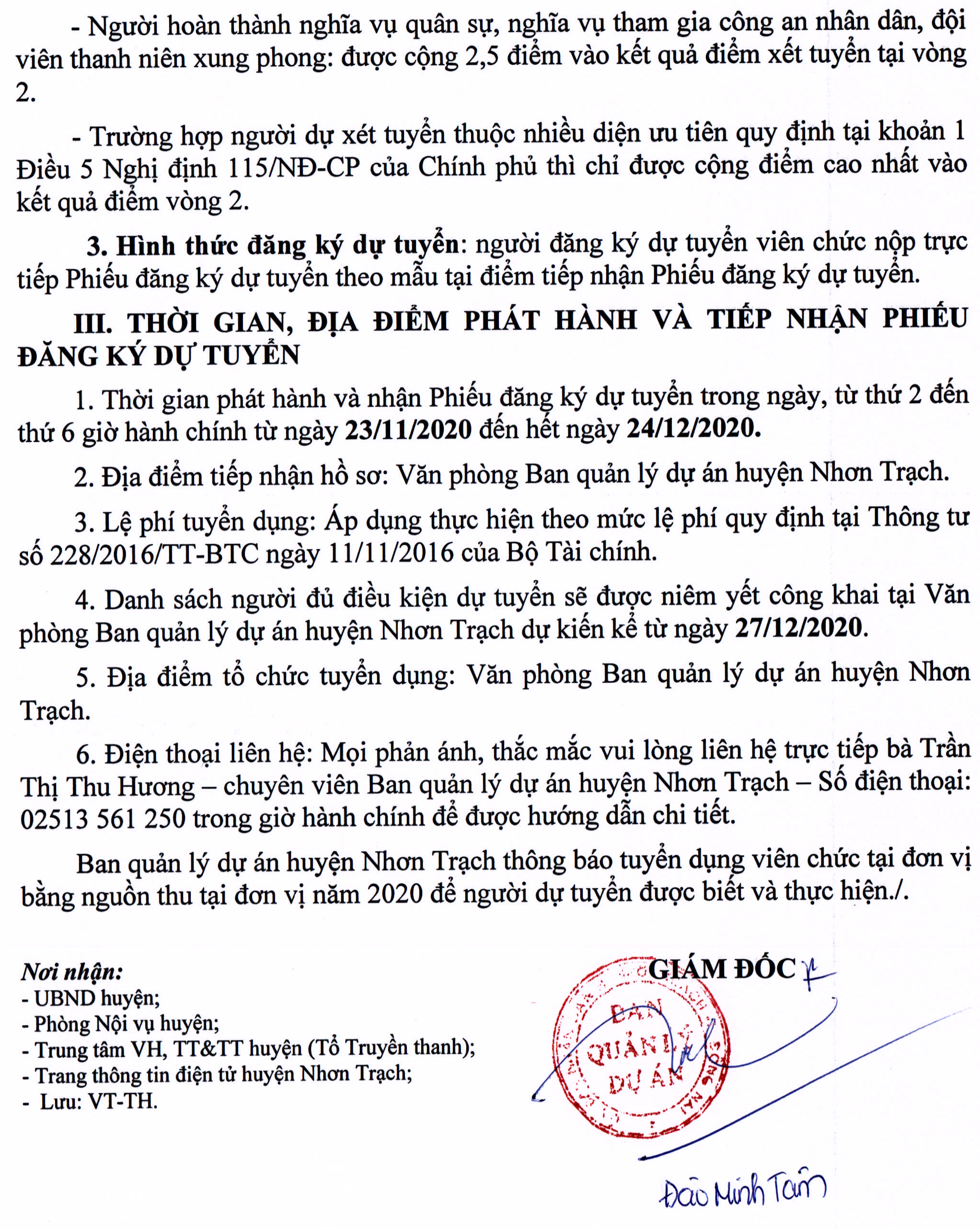 BQL dự án huyện Nhơn Trạch, Đồng Nai tuyển dụng viên chức năm 2020