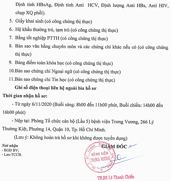 Bệnh viện Trưng Vương, TP. Hồ Chí Minh tuyển dụng viên chức năm 2020