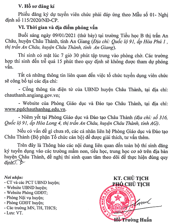 UBND huyện Châu Thành, An Giang tuyển dụng viên chức giáo dục năm 2020