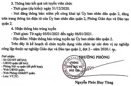 Phòng Giáo dục và Đào tạo Quận 2, TP. Hồ Chí Minh tuyển dụng viên chức năm 2020