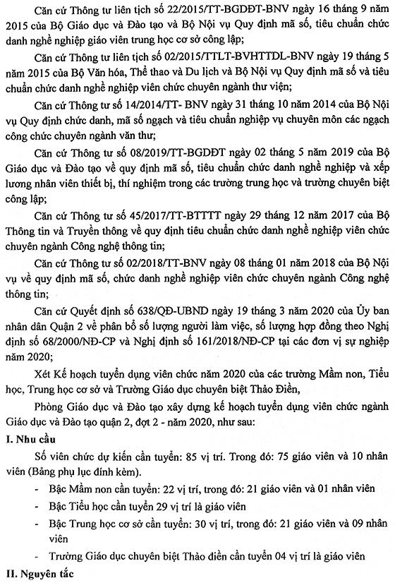 Phòng Giáo dục và Đào tạo Quận 2, TP. Hồ Chí Minh tuyển dụng viên chức năm 2020