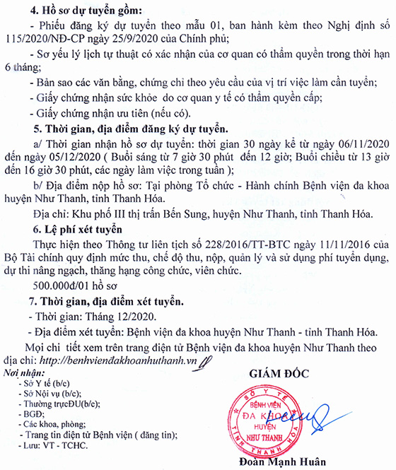 Bệnh viện đa khoa huyện Như Thanh, Thanh Hóa tuyển dụng viên chức năm 2020