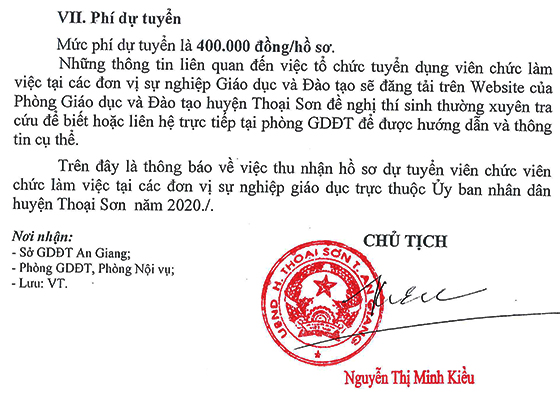 UBND huyện Thoại Sơn, An Giang tuyển dụng viên chức giáo dục năm 2020
