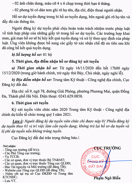 Trung tâm Kỹ thuật - Công nghệ địa chính - Tổng cục Quản lý đất đai tuyển dụng viên chức năm 2020