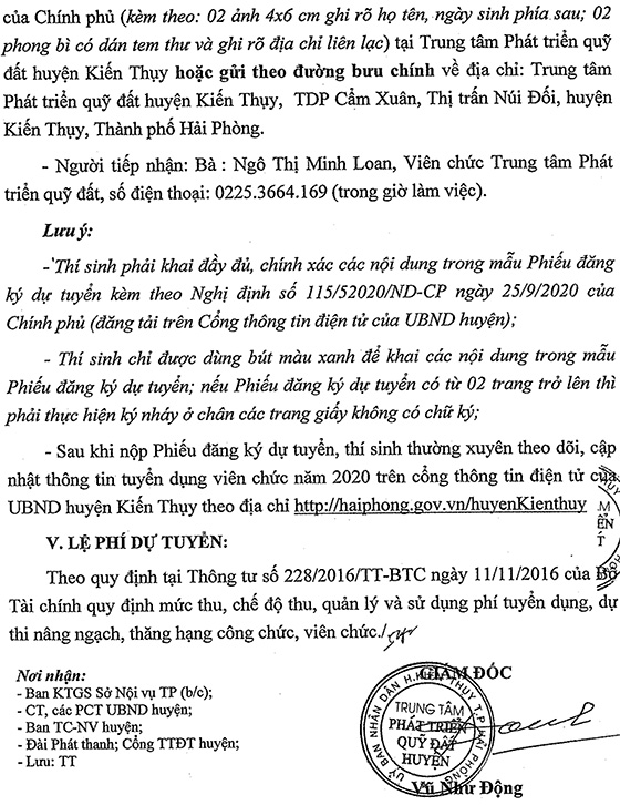 Trung tâm Phát triển quỹ đất huyện Kiến Thụy, Hải Phòng tuyển dụng viên chức năm 2020