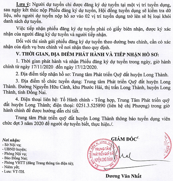 Trung tâm Phát triển quỹ đất huyện Long Thành, Đồng Nai tuyển dụng viên chức đợt 3 năm 2020