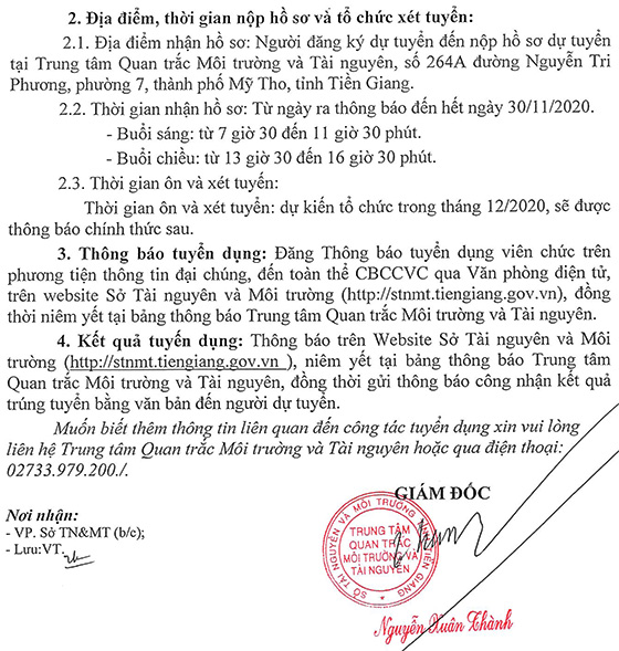 Trung tâm Quan trắc Môi trường và Tài nguyên tỉnh Tiền Giang tuyển dụng viên chức đợt 2 năm 2020