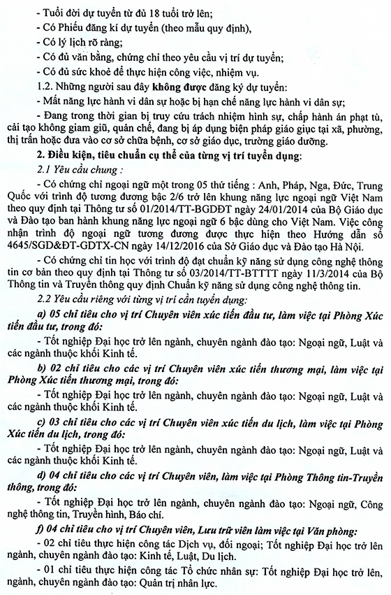 Trung tâm Xúc tiến Đầu tư, Thương mại, Du lịch TP Hà Nội tuyển dụng viên chức năm 2020