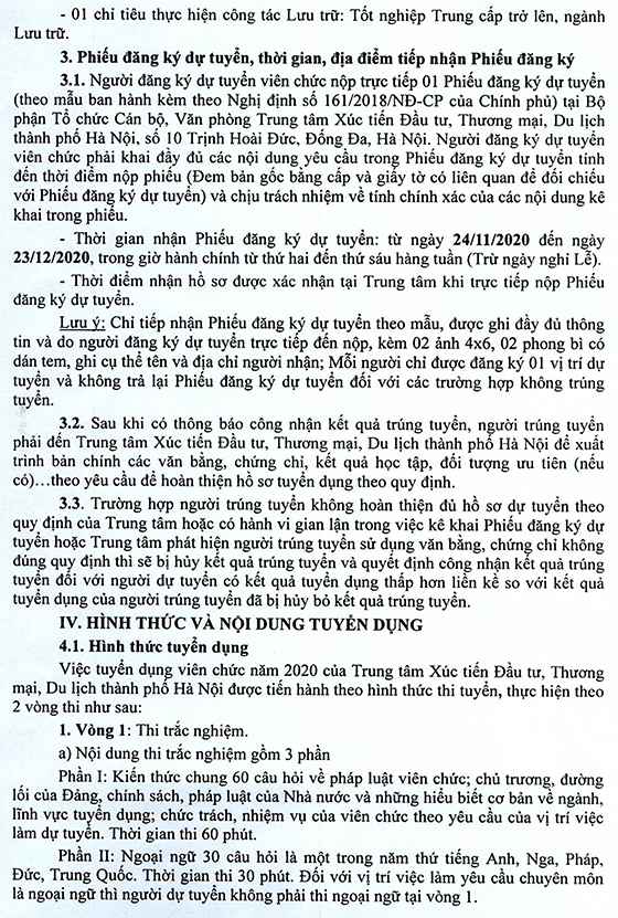 Trung tâm Xúc tiến Đầu tư, Thương mại, Du lịch TP Hà Nội tuyển dụng viên chức năm 2020