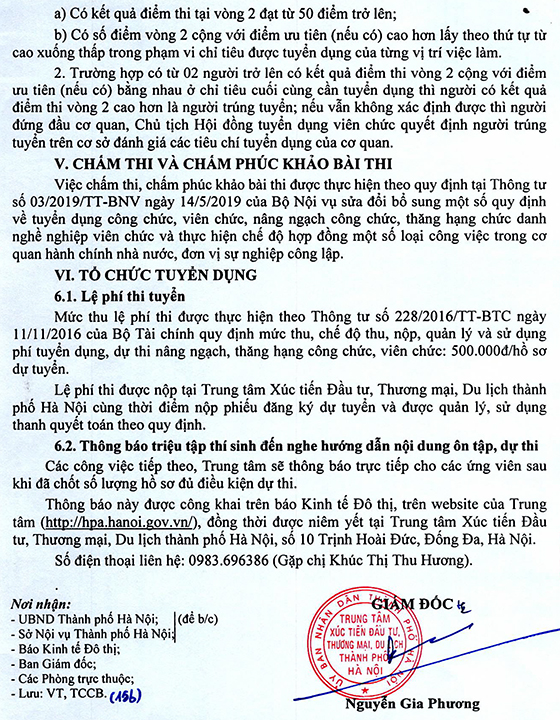 Trung tâm Xúc tiến Đầu tư, Thương mại, Du lịch TP Hà Nội tuyển dụng viên chức năm 2020