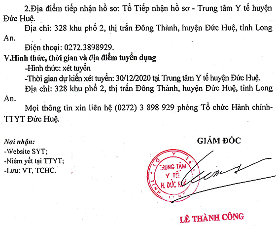 Trung tâm Y tế huyện Đức Huệ, Long An tuyển dụng viên chức năm 2020