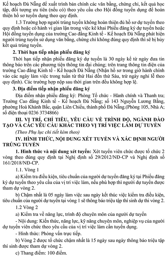 Trường Cao đẳng Kinh tế - Kế hoạch Đà Nẵng tuyển dụng viên chức năm 2020