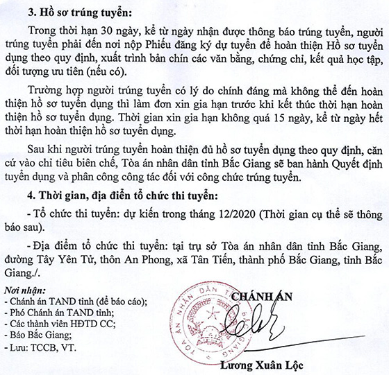 Tòa án Nhân dân tỉnh Bắc Giang tuyển dụng công chức năm 2020