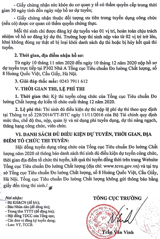 Tổng cục Tiêu chuẩn Đo lường Chất lượng tuyển dụng công chức năm 2020