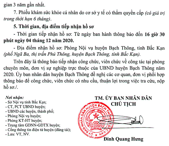 UBND huyện Bạch Thông, Bắc Kạn thông báo tiếp nhận công chức, viên chức năm 2020