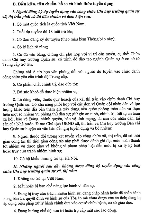 UBND huyện Gia Lâm tuyển dụng Chỉ huy trưởng quân sự xã, thị trấn năm 2020