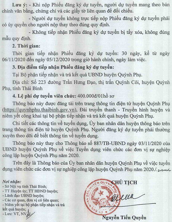 UBND huyện Quỳnh Phụ, Thái Bình tuyển dụng viên chức các đơn vị sự nghiệp công lập năm 2020