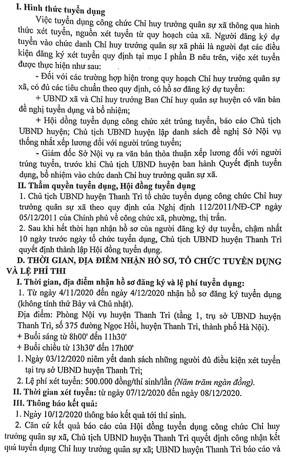 UBND huyện Thanh Trì tuyển dụng Chỉ huy trưởng quân sự xã năm 2020