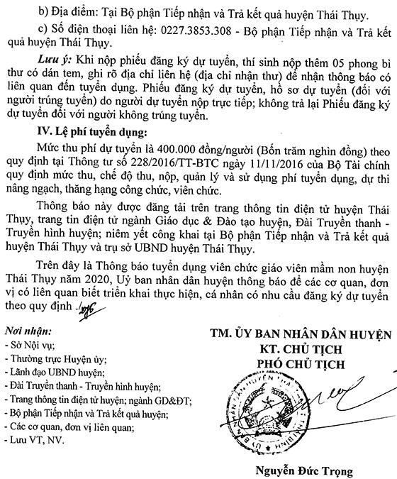 UBND huyện Thái Thụy, Thái Bình tuyển dụng viên chức giáo viên mầm non năm 2020