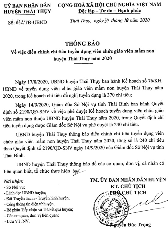 UBND huyện Thái Thụy, Thái Bình tuyển dụng viên chức giáo viên mầm non năm 2020