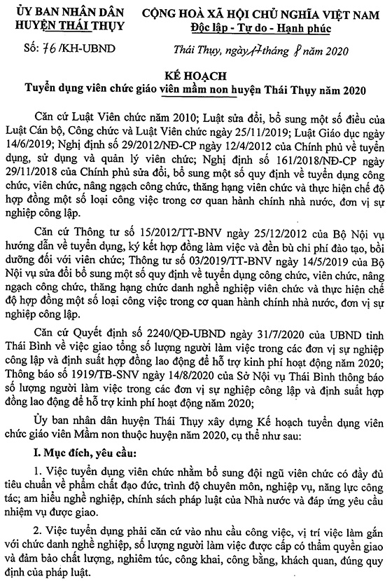 UBND huyện Thái Thụy, Thái Bình tuyển dụng viên chức giáo viên mầm non năm 2020