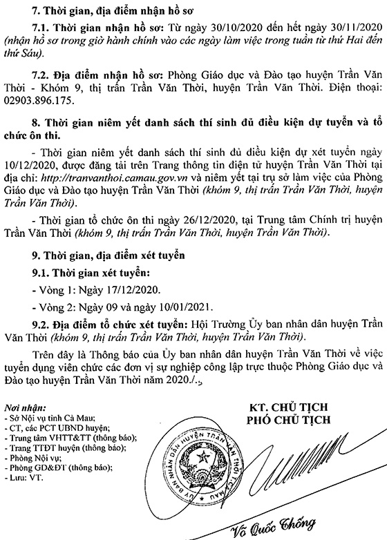 UBND huyện Trần Văn Thời, Cà Mau tuyển dụng viên chức năm 2020