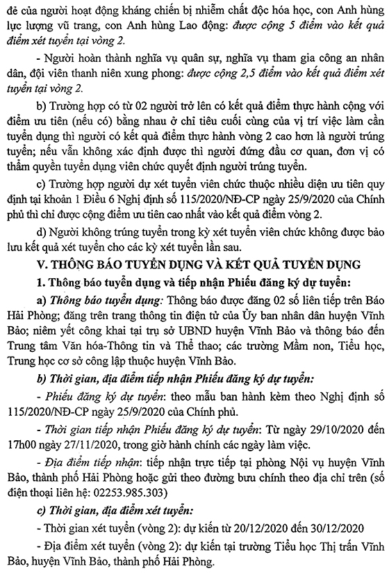 UBND huyện Vĩnh Bảo, Hải Phòng tuyển dụng viên chức năm 2020