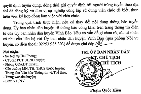 UBND huyện Vĩnh Bảo, Hải Phòng tuyển dụng viên chức năm 2020