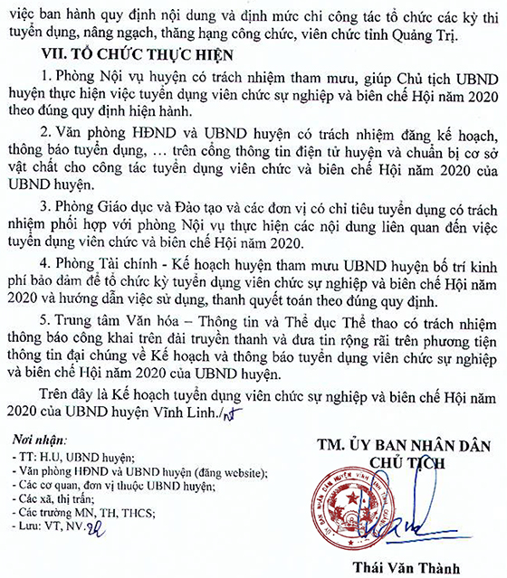 UBND huyện Vĩnh Linh, Quảng Trị tuyển dụng viên chức và biên chế hội năm 2020