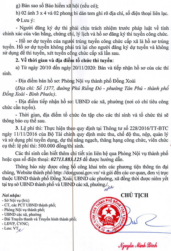 UBND thành phố Đồng Xoài, Bình Phước tuyển dụng công chức năm 2020