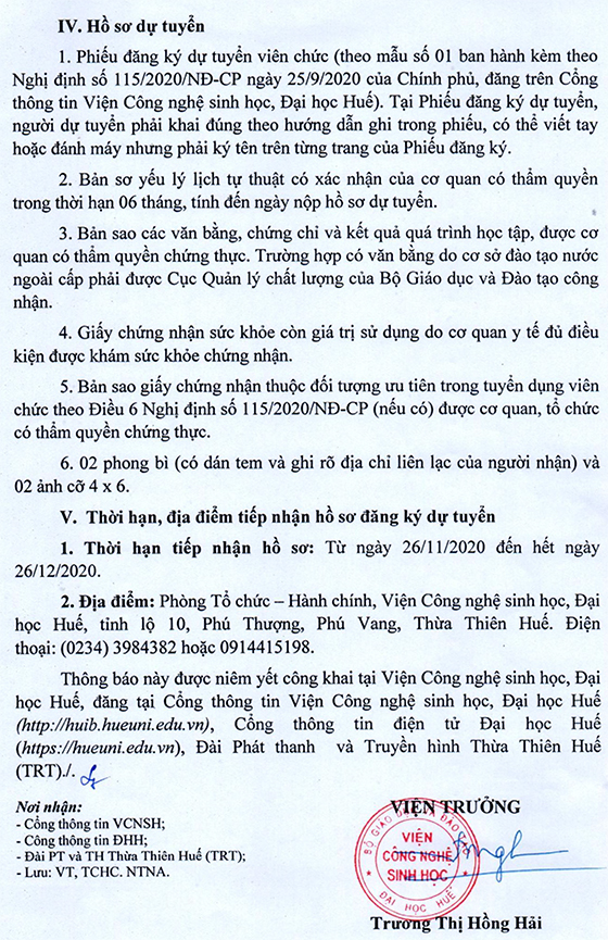 Viện Công nghệ sinh học, Đại học Huế tuyển dụng viên chức năm 2020 
