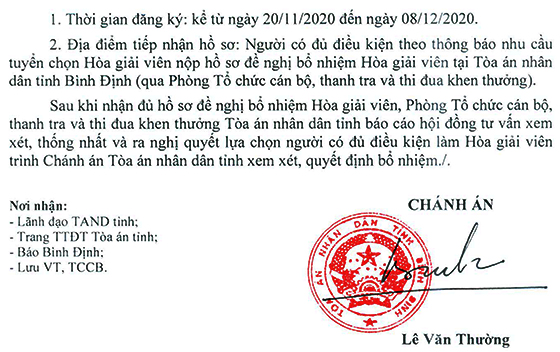 Tòa án nhân dân tỉnh Bình Định tuyển chọn Hòa giả viên năm 2020