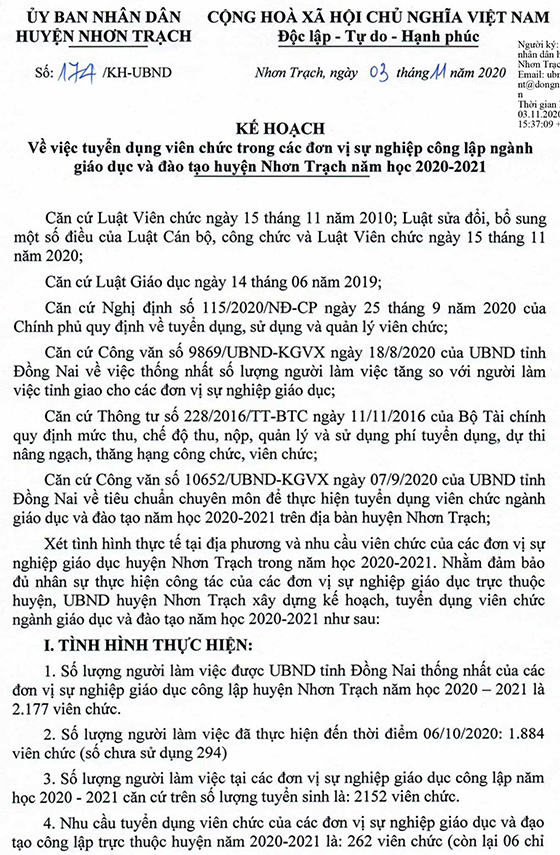 UBND huyện Nhơn Trạch, Đồng Nai tuyển dụng viên chức ngành giáo dục năm 2020