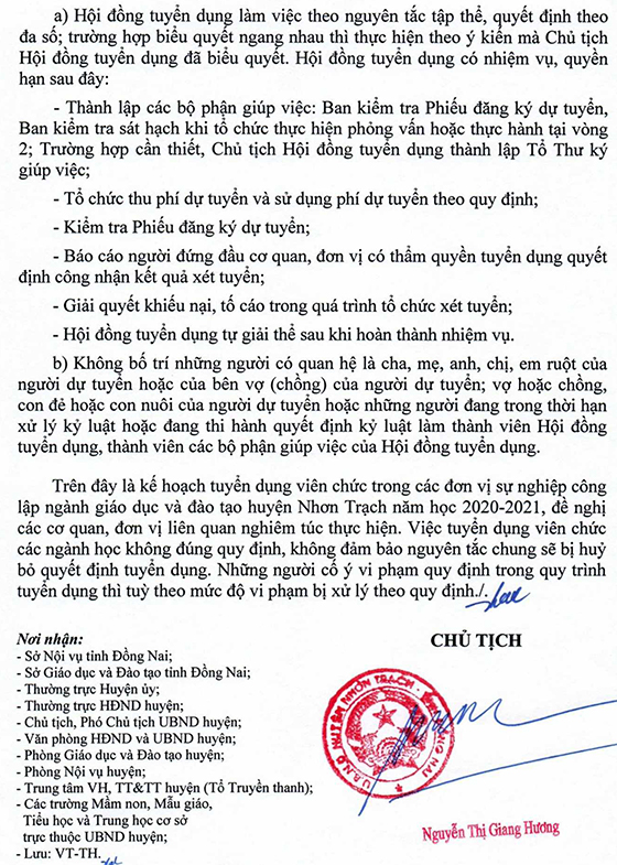 UBND huyện Nhơn Trạch, Đồng Nai tuyển dụng viên chức ngành giáo dục năm 2020