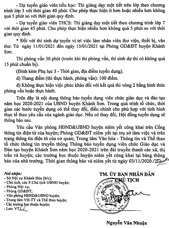UBND huyện Khánh Sơn, Khánh Hòa tuyển dụng viên chức ngành giáo dục năm học 2020-2021