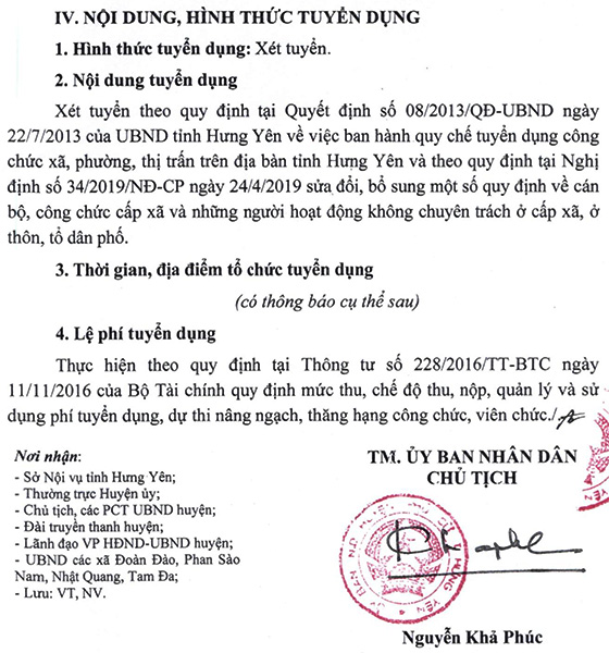 UBND huyện Phù Cừ, Hưng Yên tuyển dụng Chỉ huy trưởng Quân sự cấp xã năm 2020